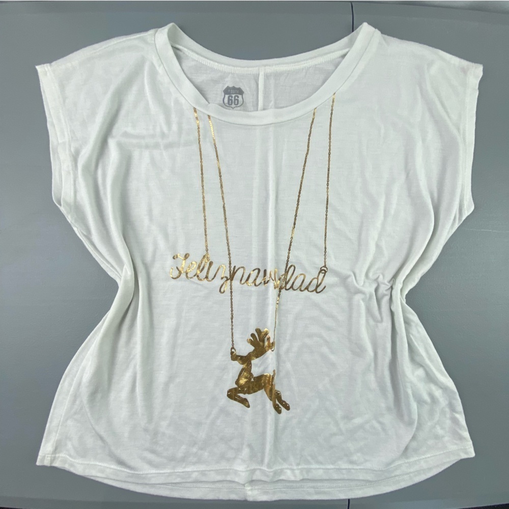 Feliz Navidad reindeer gold necklace deer print white sleeveless tee t-shirt